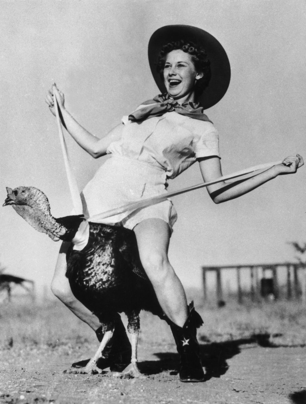 UNSPECIFIED - OCTOBER 29: Dottie Richardson Riding A Turkey For Thanksgiving In 1938. (Photo by Keystone-France/Gamma-Keystone via Getty Images)