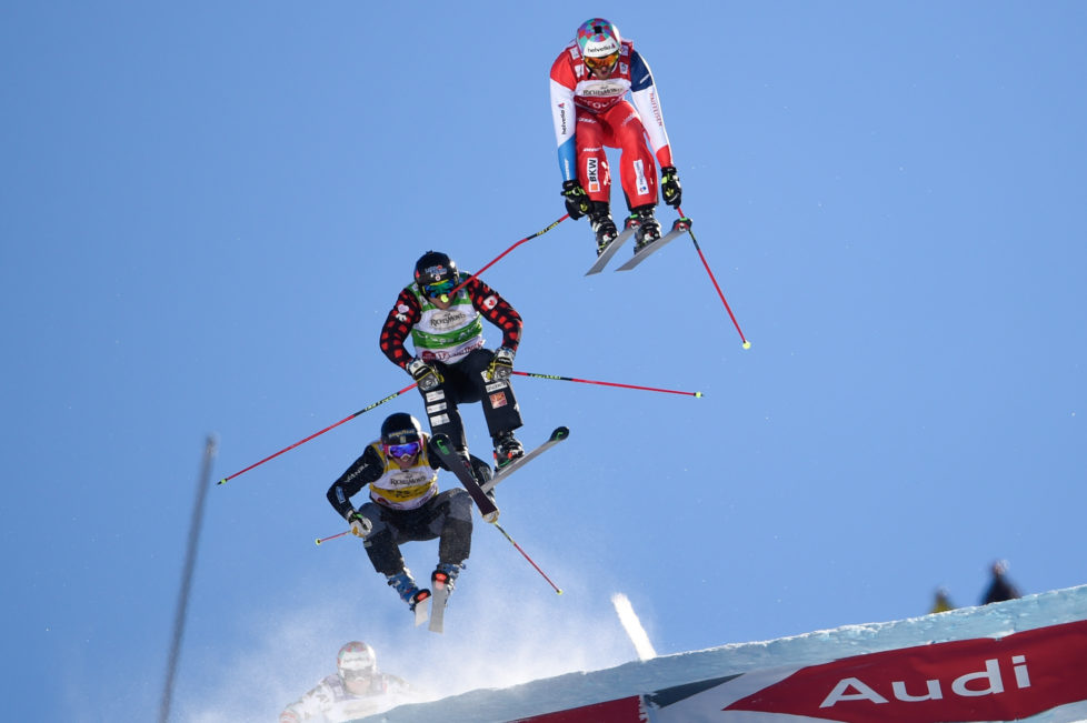 VAL THORENS, FRANCE - DECEMBER 10: Alex Fiva of Switzerland takes 1st place, Brady Leman of Canada takes 2nd place, Viktor Andersson of Sweden takes 3rd place during the FIS Freestyle Ski World Cup Men's and Women's Ski Cross on December 10, 2016 in Val Thorens, France. (Photo by Laurent Salino/Agence Zoom/Getty Images)