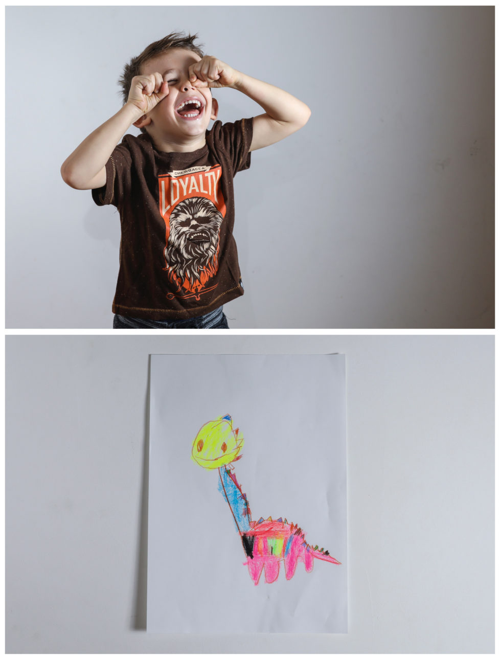 A combination picture shows Maxim, almost 4, laughing at his apartment as he poses for a photograph (top) and his drawing of what he wants to get for Christmas from Santa in Belgrade, Serbia, November 23, 2016. Maxim said he would like to get a plastic dinosaur. Reuters photographers around the world asked children to draw what they wanted to receive from Santa for Christmas. REUTERS/Marko Djurica SEARCH "CHRISTMAS WISHES" FOR THIS STORY. SEARCH "WIDER IMAGE" FOR ALL STORIES. TPX IMAGES OF THE DAY - RTSV36W