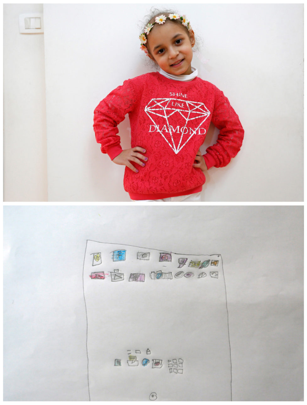 A combination picture shows Lynn Habbouche, 6, suffering from leukaemia, posing for a photograph at her home (top) and her drawing of what she wants to get for Christmas from Santa, in Beirut, Lebanon November 26, 2016. All she wants from Santa is to recover and an iPad, she said. Reuters photographers around the world asked children to draw what they wanted to receive from Santa for Christmas. REUTERS/Jamal Saidi SEARCH "CHRISTMAS WISHES" FOR THIS STORY. SEARCH "WIDER IMAGE" FOR ALL STORIES. - RTSV356