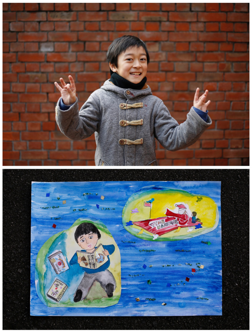 A combination picture shows Natsuki Ariga, 9, posing for a photograph at a library (top) and his drawing of what he wants to get for Christmas from Santa, in Tokyo, Japan December 1, 2016. Natsuki wants to get comic books on Japanese and world history. "Santa gives me a present every year for working hard. That's why I practice Electone (Yamaha's electronic organ), abacus and track and field very hard, " he said. Reuters photographers around the world asked children to draw what they wanted to receive from Santa for Christmas. REUTERS/Toru Hanai SEARCH "CHRISTMAS WISHES" FOR THIS STORY. SEARCH "WIDER IMAGE" FOR ALL STORIES. - RTSV35U