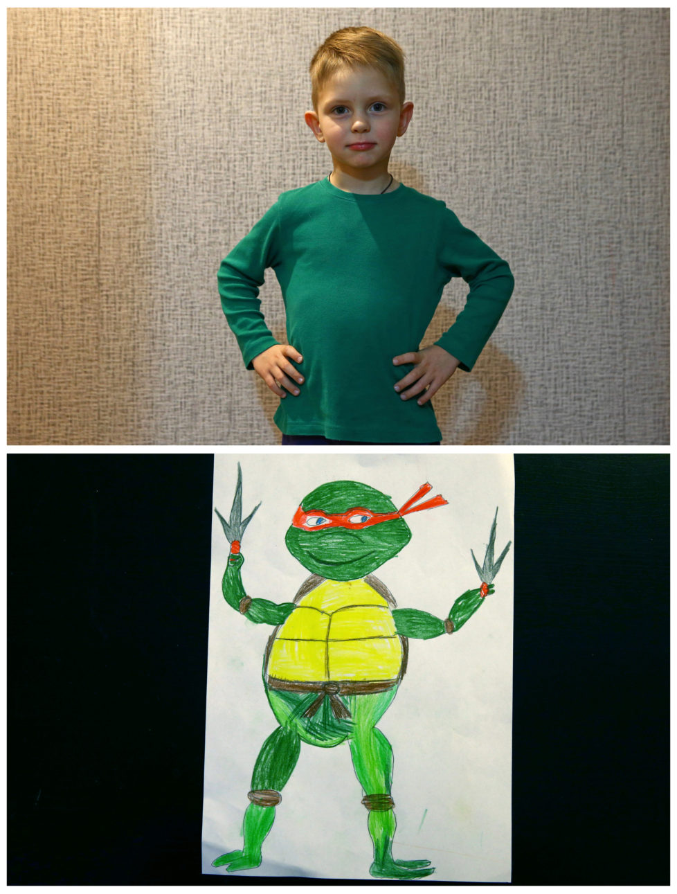 A combination picture shows Dmitriy Kuchur, 5, posing for a photograph at his house (top) and his drawing of what he wants to get for Christmas from Santa, in Minsk, Belarus, November 23, 2016. Dmitriy wants Teenage Mutant Ninja Turtles. Reuters photographers around the world asked children to draw what they wanted to receive from Santa for Christmas. REUTERS/Vasily Fedosenko SEARCH "CHRISTMAS WISHES" FOR THIS STORY. SEARCH "WIDER IMAGE" FOR ALL STORIES. - RTSV37N