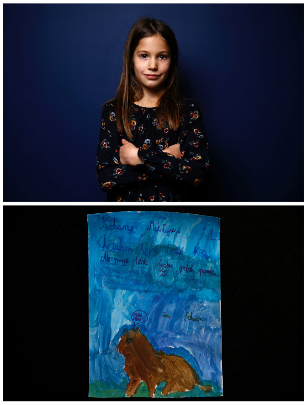 A combination picture shows Zofia, 8, posing for a photograph November 23, 2016 (top) and her drawing of what she wants to get for Christmas from Santa, in Warsaw, Poland November 24, 2016. "Dear Santa, I would like to get a cat. But a Robopanda would be ok too. I hope to see you this time. Zosia." she wrote. Reuters photographers around the world asked children to draw what they wanted to receive from Santa for Christmas. REUTERS/Kacper Pempel SEARCH "CHRISTMAS WISHES" FOR THIS STORY. SEARCH "WIDER IMAGE" FOR ALL STORIES. TPX IMAGES OF THE DAY. - RTSV37I