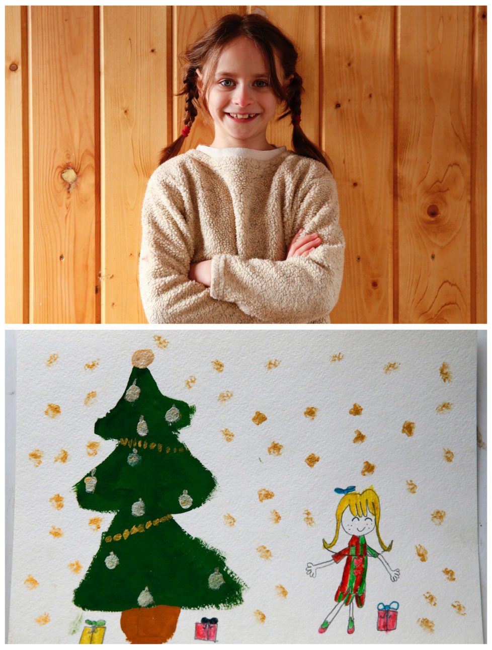 A combination picture shows Anna Krylova, 7, posing for a photograph at her house (top) and her drawing of what she wants to get for Christmas from Santa, in the settlement of Zagoryansky, outside Moscow, Russia November 25, 2016. Anna wants a Lalaloopsy doll. Reuters photographers around the world asked children to draw what they wanted to receive from Santa for Christmas. REUTERS/Grigory Dukor SEARCH "CHRISTMAS WISHES" FOR THIS STORY. SEARCH "WIDER IMAGE" FOR ALL STORIES. - RTSV35E
