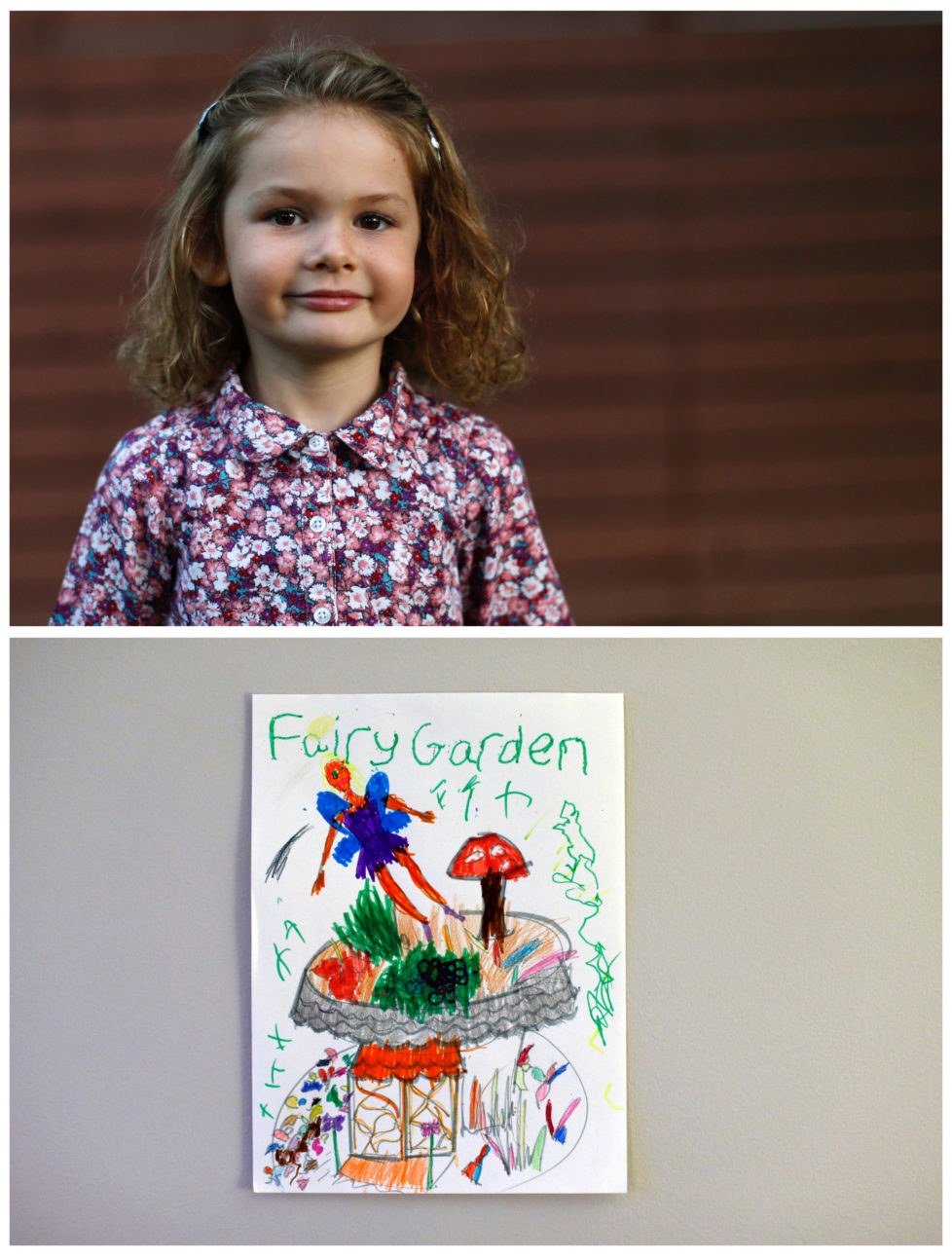A combination picture shows Raphaela Bernard, 4, posing for a photograph in the backyard of her home (top) and her drawing of what she wants to get for Christmas from Santa, in Altadena, California U.S., November 27, 2016. Raphaela wants a fairy garden. Reuters photographers around the world asked children to draw what they wanted to receive from Santa for Christmas. REUTERS/Mario Anzuoni SEARCH "CHRISTMAS WISHES" FOR THIS STORY. SEARCH "WIDER IMAGE" FOR ALL STORIES. - RTSV35I