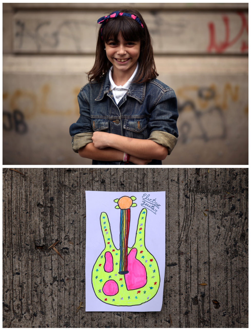 A combination picture shows Morena Fay, 9, posing for a photograph (top) and her drawing of what she wants to get for Christmas from Santa, in Buenos Aires, Argentina, November 16, 2016. "I want to ask Papa Noel (Santa Claus) to bring me an electric guitar this Christmas, because I love music and I've wanted one for a long time," Morena said. Reuters photographers around the world asked children to draw what they wanted to receive from Santa for Christmas. REUTERS/Marcos Brindicci SEARCH "CHRISTMAS WISHES" FOR THIS STORY. SEARCH "WIDER IMAGE" FOR ALL STORIES. - RTSV37B