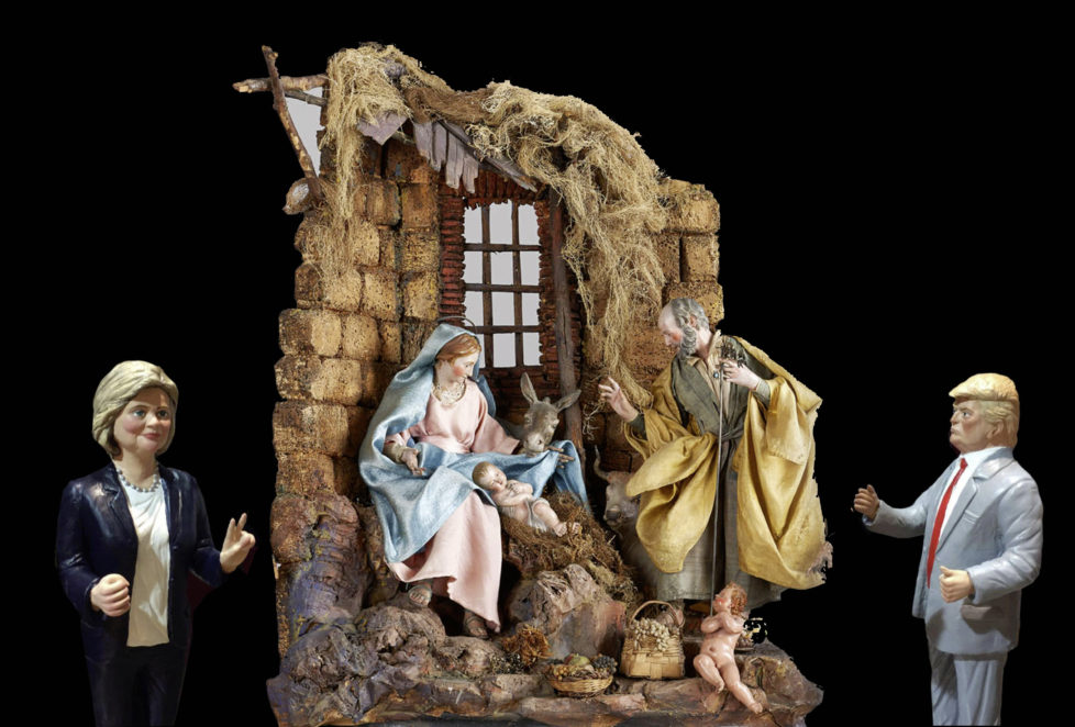 December 9, 2016 - Naples, Italy: Every year for Christmas, the craftsmen of San Gregorio Armeno, a district of Naples, bring in traditional nativity scenes, between the statuettes of the shepherds, the figures of the characters that have most influenced the news of the world. Donald Trump, along with Hillary Clinton, are the novelty of this year's crib. (Piero Oliosi/Polaris) /// *** Local Caption *** 19.05684140